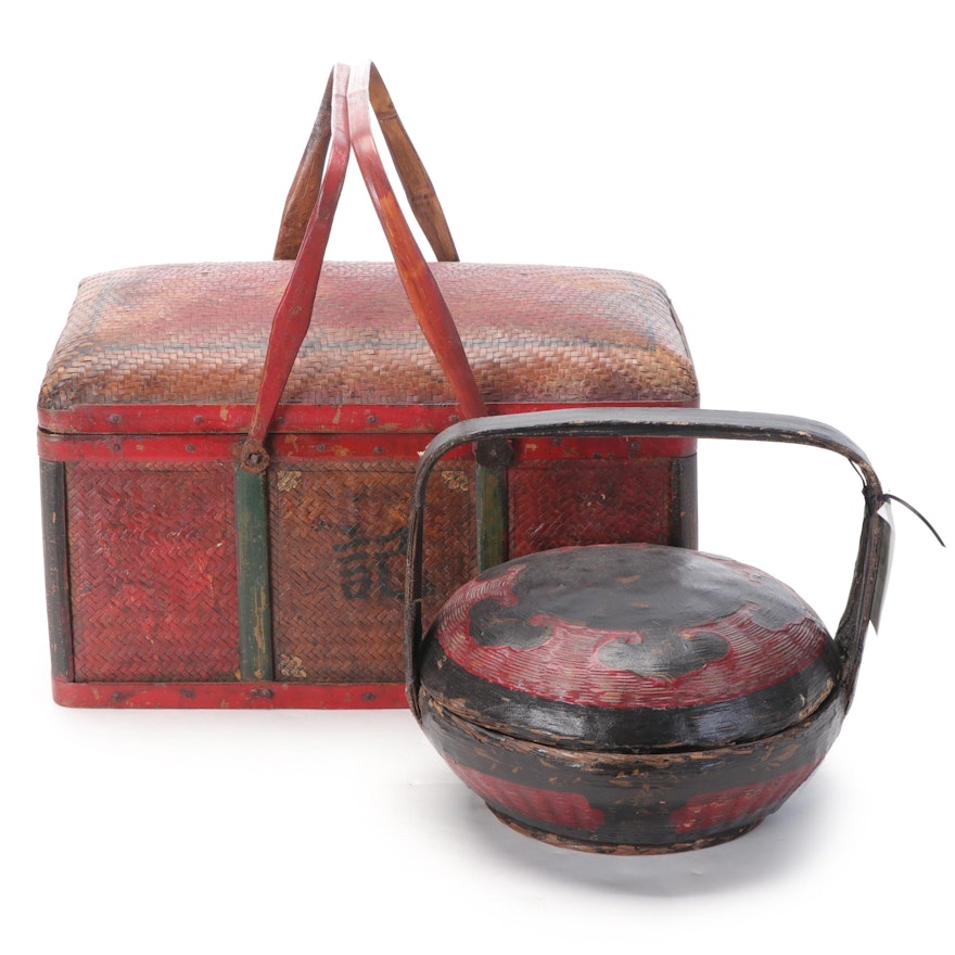 Chinese Lacquered and Parcel Painted Rattan Baskets, Late 19th/ Early 20th C.