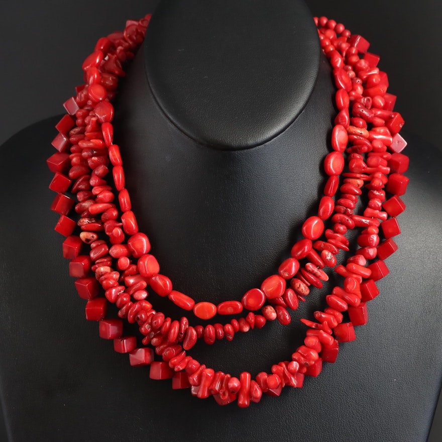 Multi-Strand Coral Necklace with Sterling Clasp