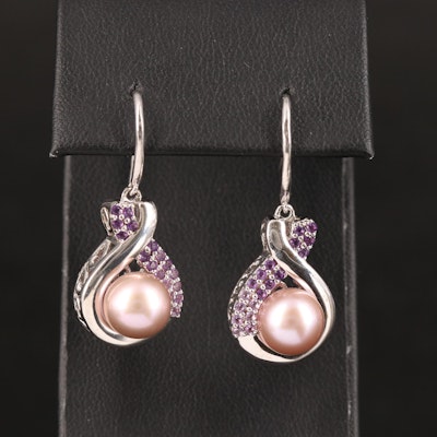 Sterling Pearl and Amethyst Earrings