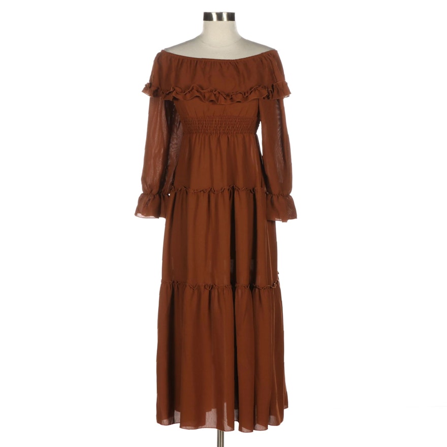 Shein Ruffle Detail Long Sleeve Dress in Brown Polyester
