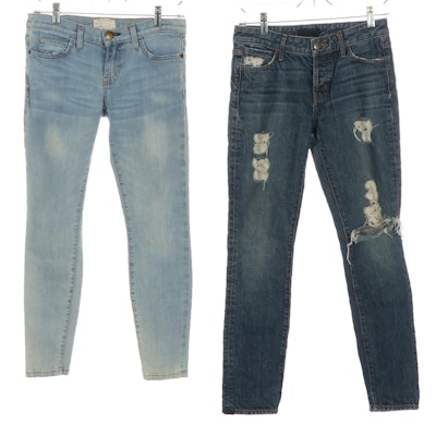 Current/Elliott and Koral Jeans in Light Blue and Medium Blue Distressed Denim