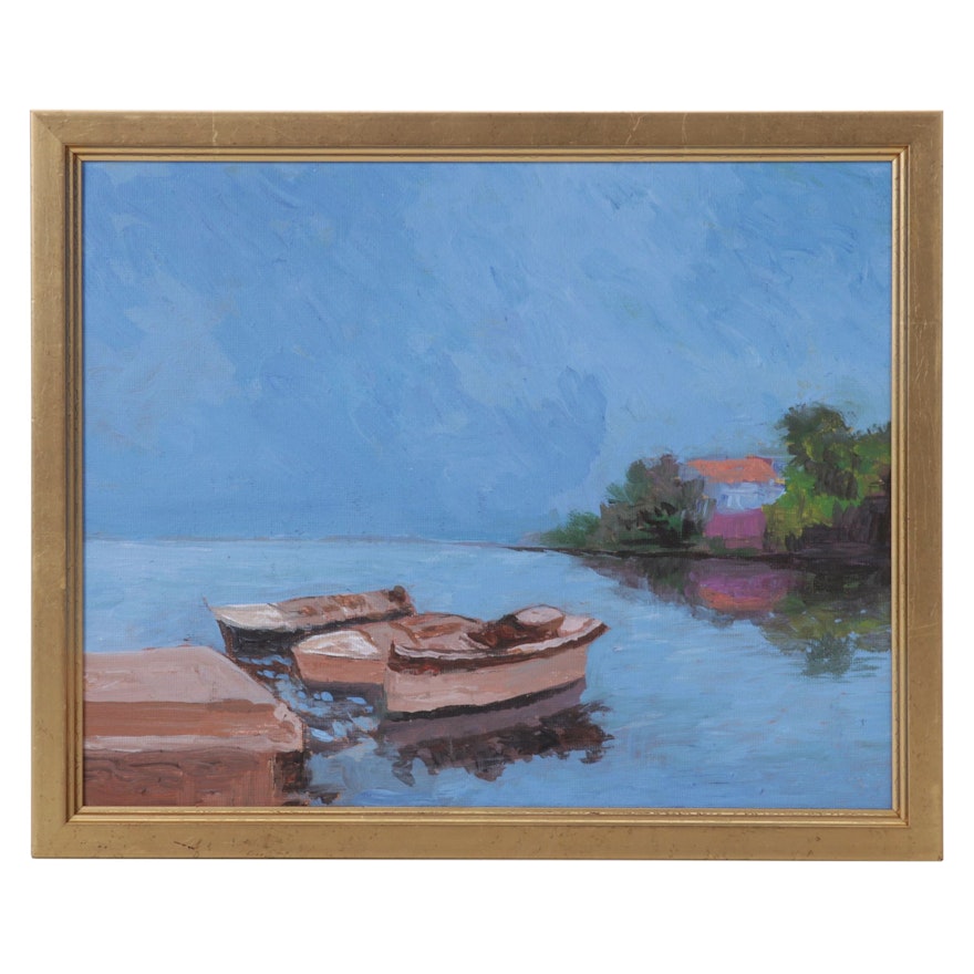 Sulmaz Radvand Oil Painting of Rowboats Moored to Dock, 2022