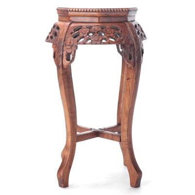 Chinese Pink Marble Inset Carved Wood Plant Stand