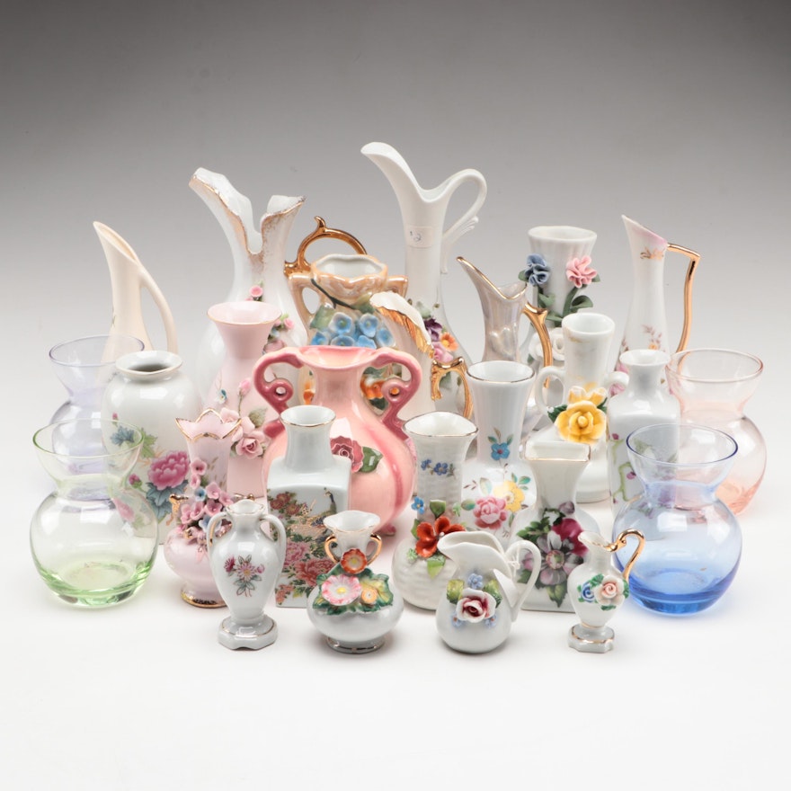 Lefton, Ever-Art, and Other Porcelain and Glass Bud Vases and Ewers