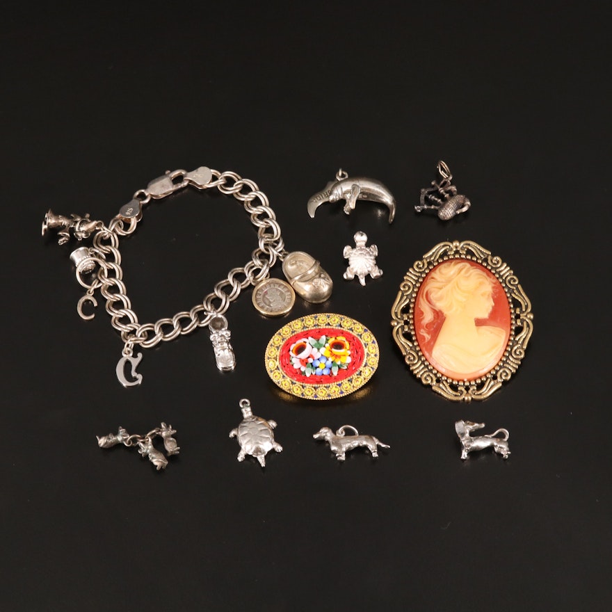 Sterling Bracelet and Charms Featured with Cameo and Micro-Mosaic Brooches