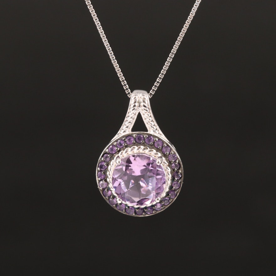 Sterling Amethyst Halo Pendant Necklace