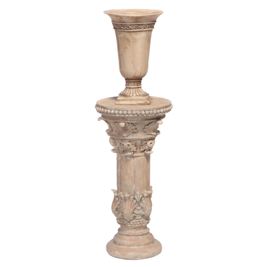 The Silky Way Neoclassical Style Terracotta-Patinated Composite Urn and Pedestal
