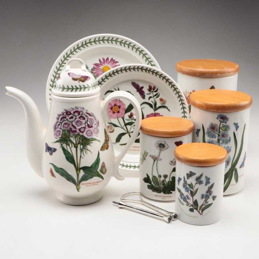 Portmeirion "Botanic Garden" Ceramic Canisters, Coffee Pot, and Tiered Tray
