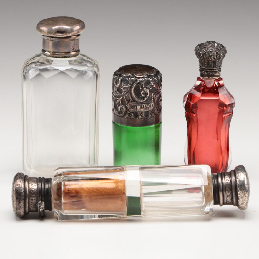 English and Other Glass Scent Bottles with Sterling and Silver Plate Caps