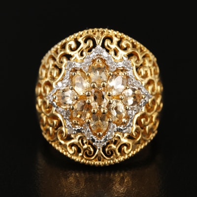 Sterling Citrine and Zircon Scrollwork Ring