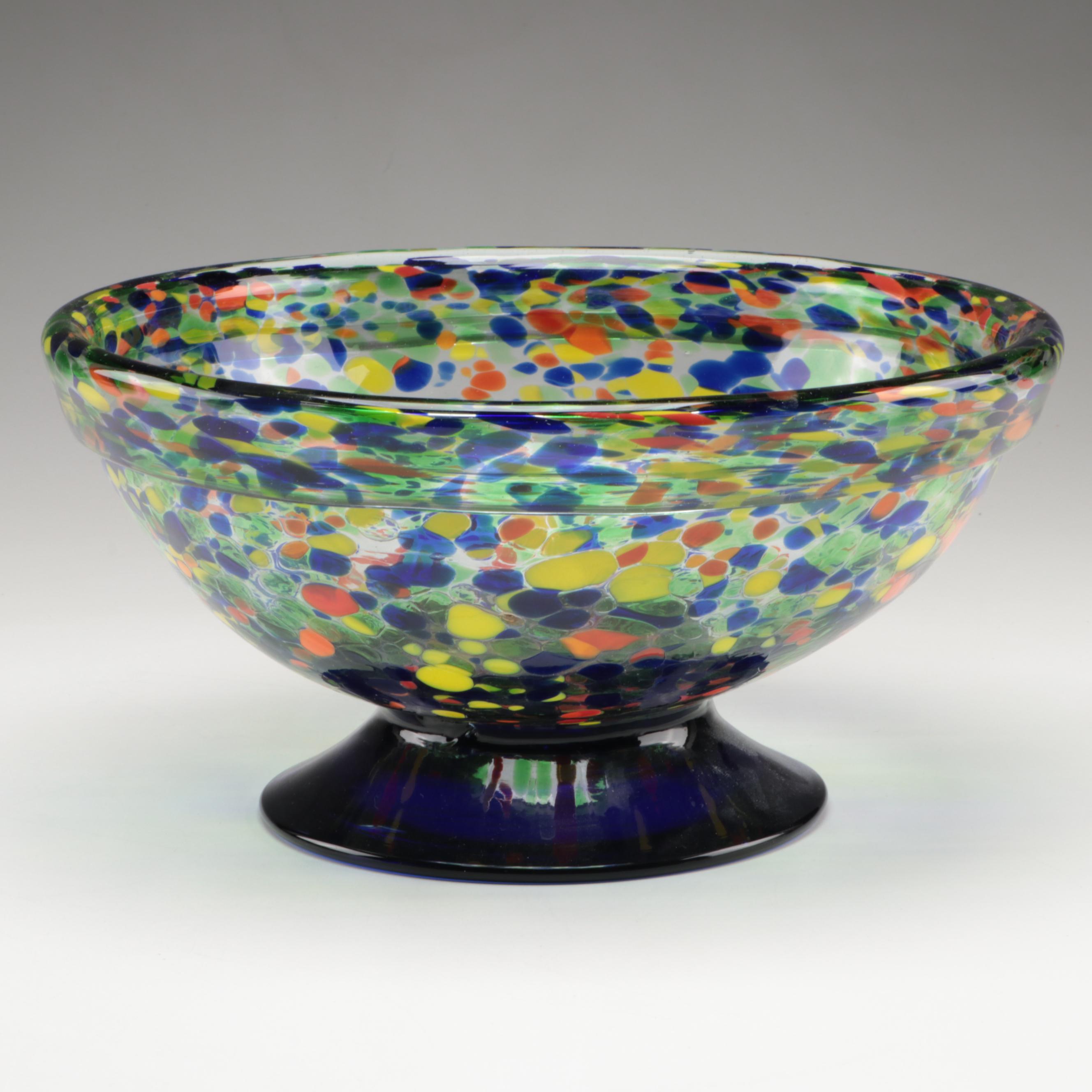 Blown Multicolor Confetti with Cobalt Blue Foot Art Glass Bowl EBTH