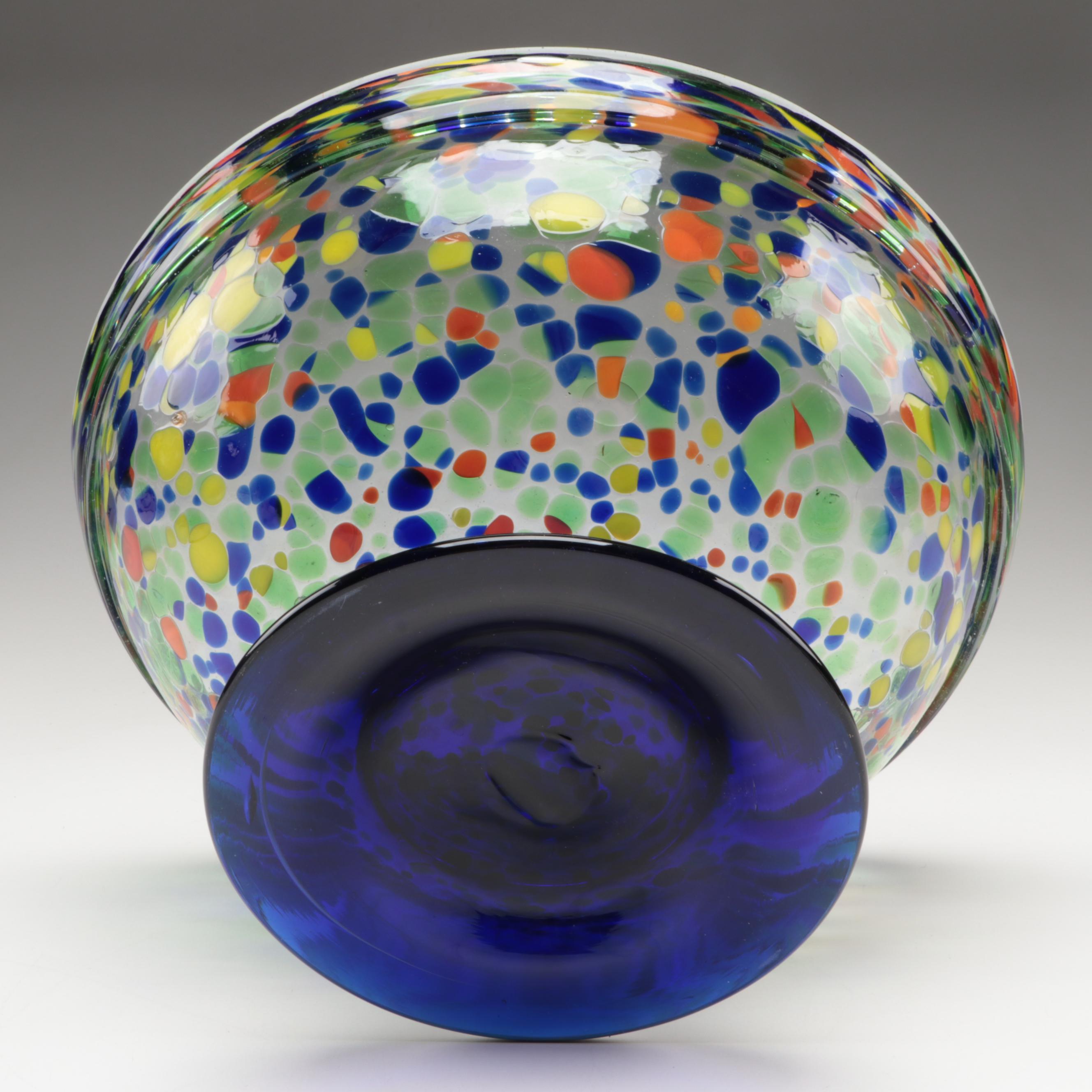 Blown Multicolor Confetti with Cobalt Blue Foot Art Glass Bowl EBTH