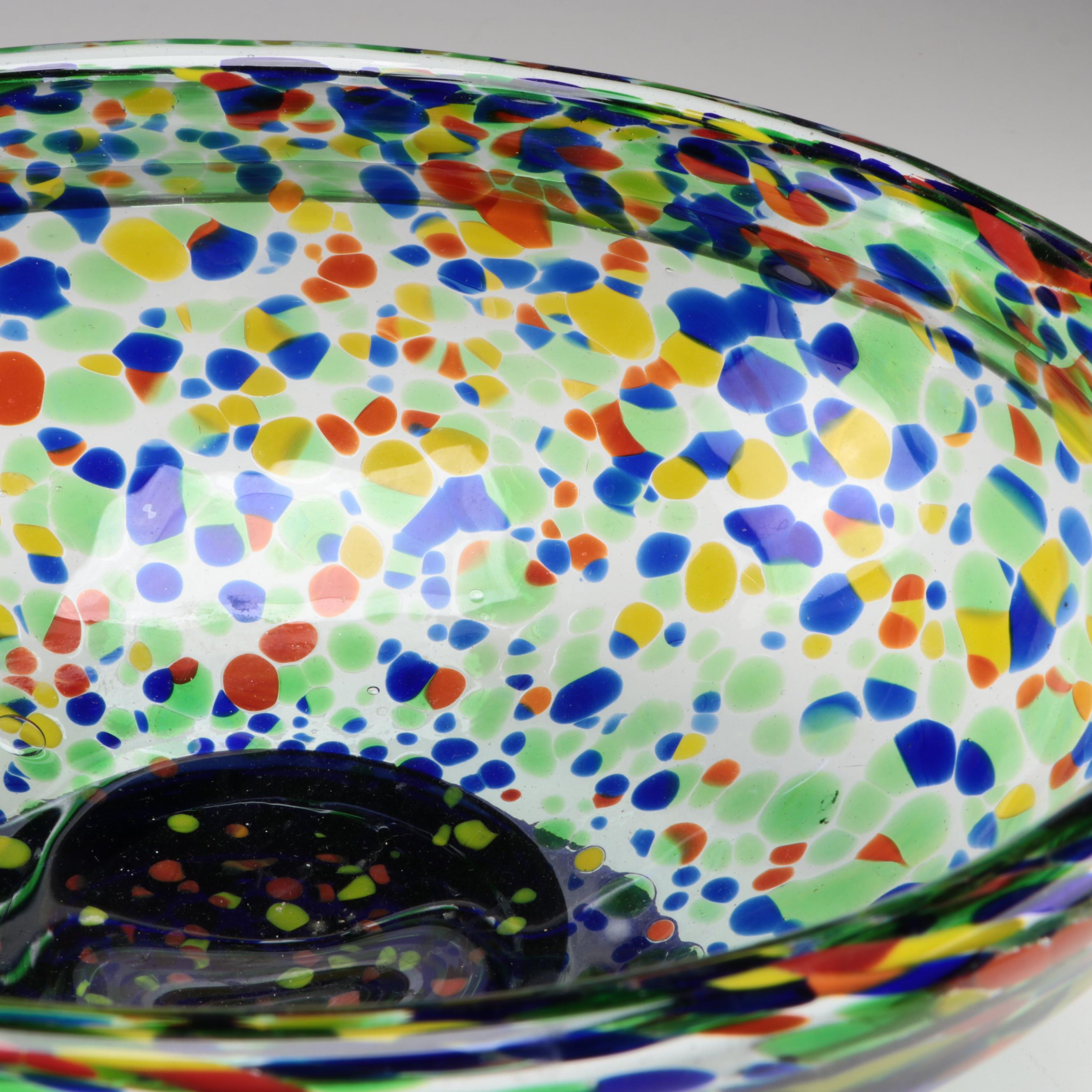 Blown Multicolor Confetti with Cobalt Blue Foot Art Glass Bowl EBTH