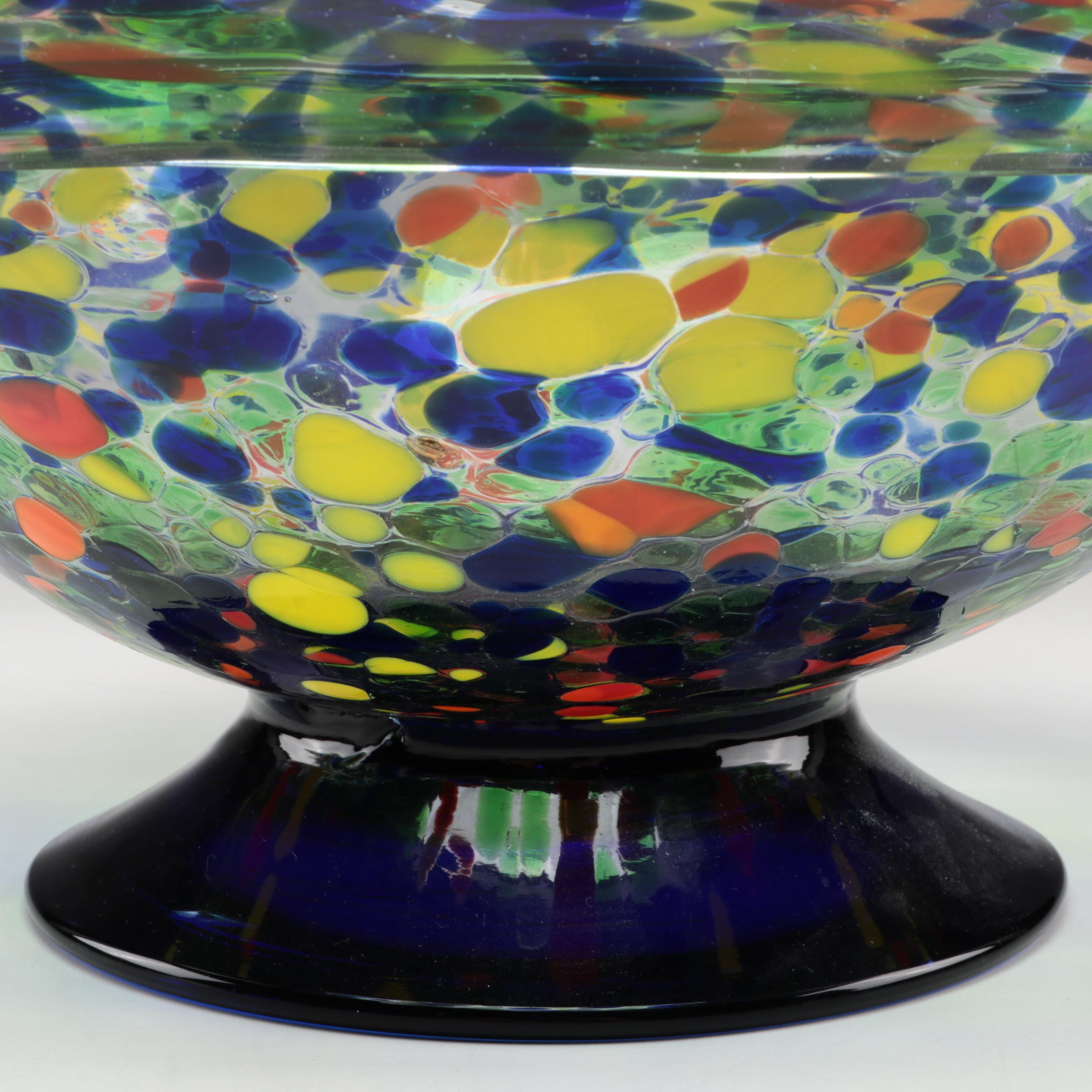 Blown Multicolor Confetti with Cobalt Blue Foot Art Glass Bowl EBTH
