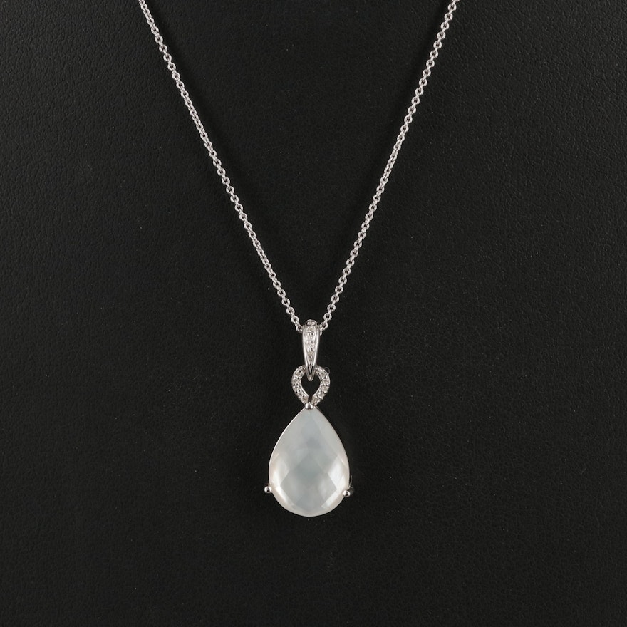 Sterling Mother-of-Pearl Quartz Doublet with Diamond Pendant on Italian Chain