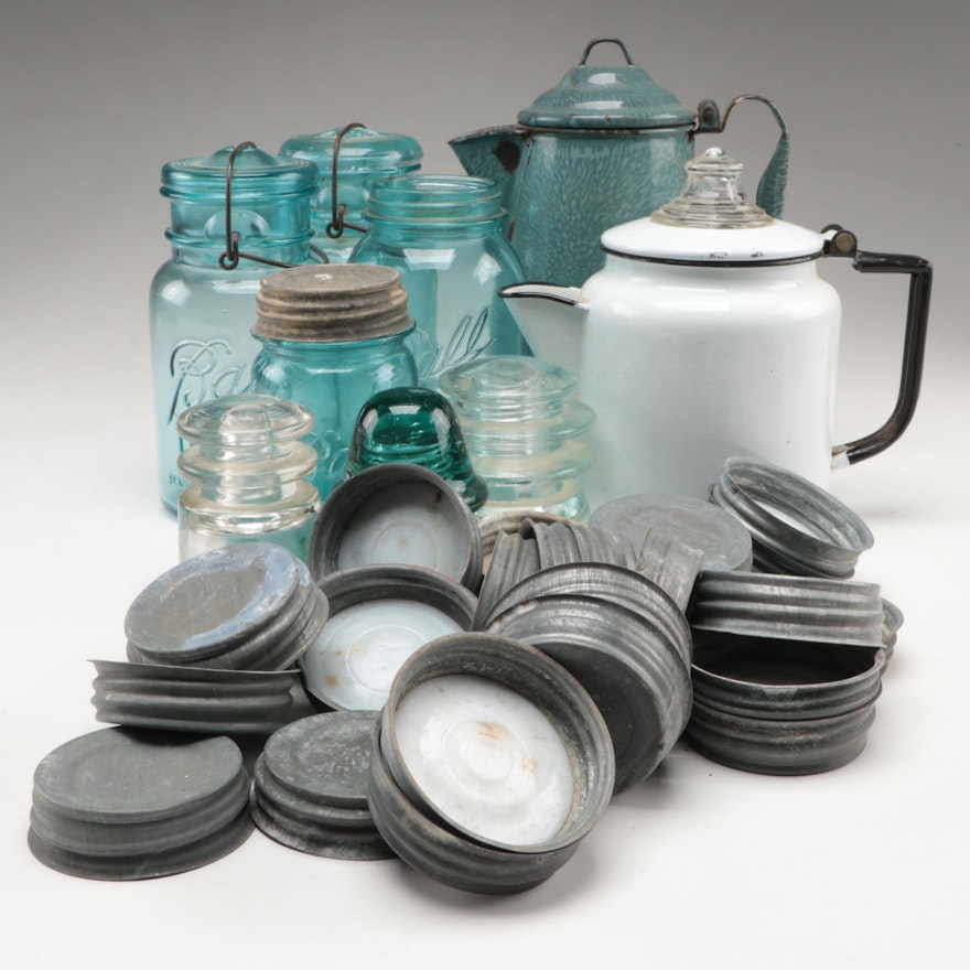 Ball, Hemingway with Other Jars, Lids, Insulators and Coffee Pots