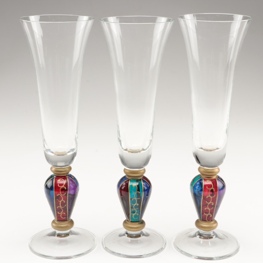 Glass Champagne Flutes with Multicolor and Gilt Enameled Stems