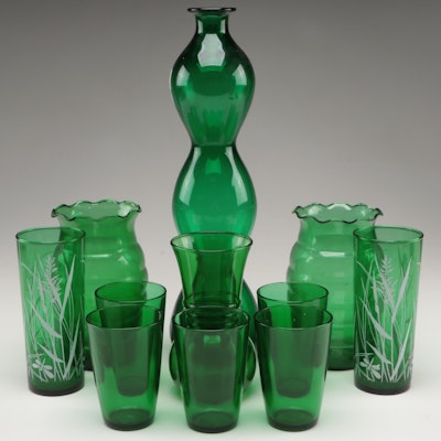 Anchor Hocking with Other Green Glass Tumblers, Vases and Decanter