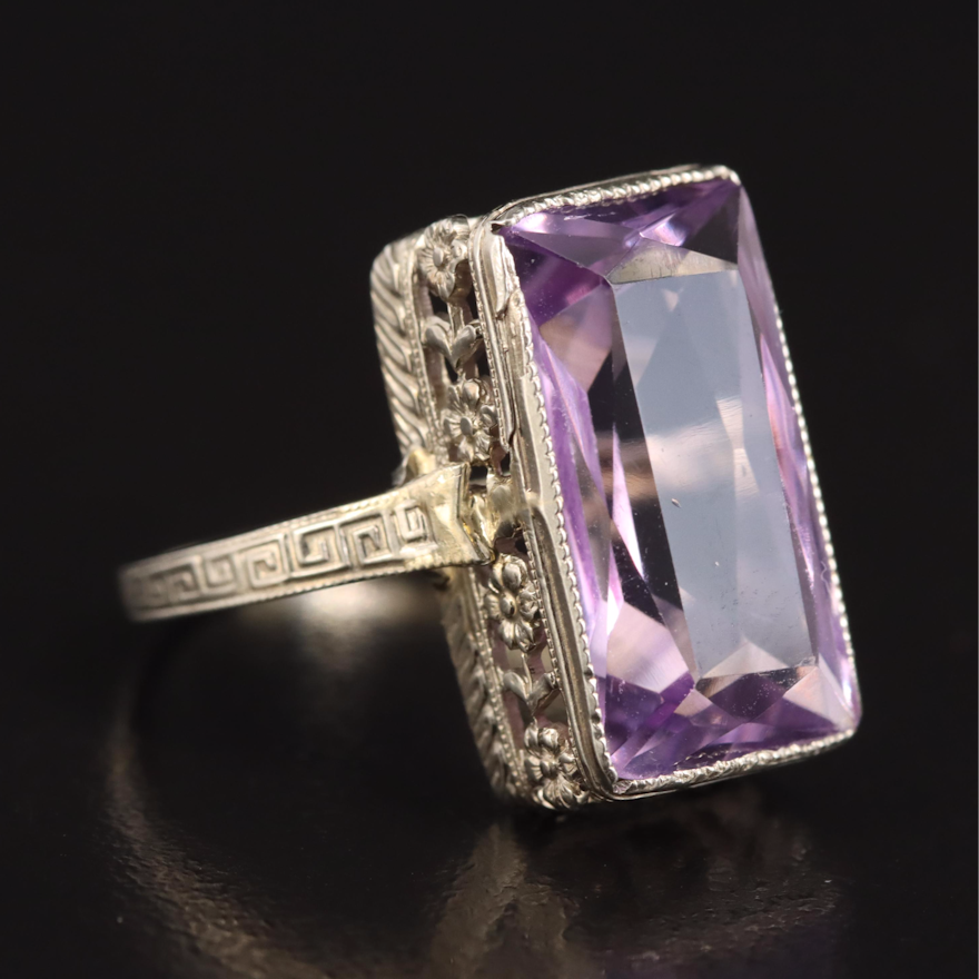 14K Amethyst Ring with Floral Gallery and Greek Key Shoulders