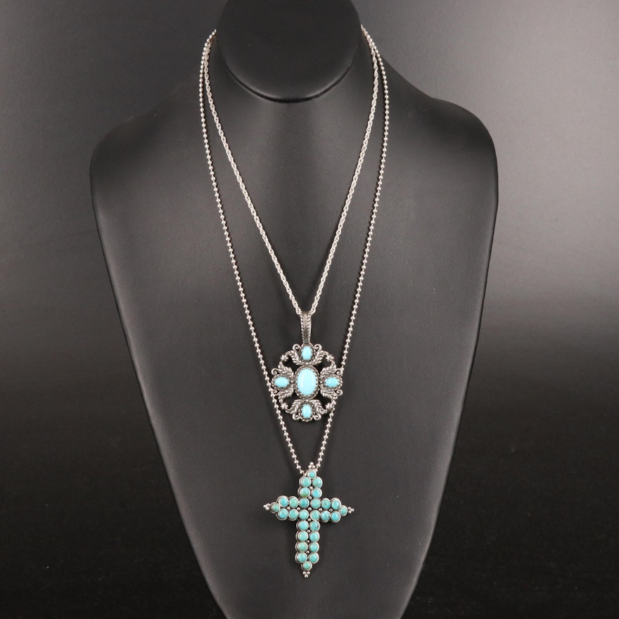 Sterling Faux Turquoise Southwestern Style Pendant Necklaces Featuring Relios
