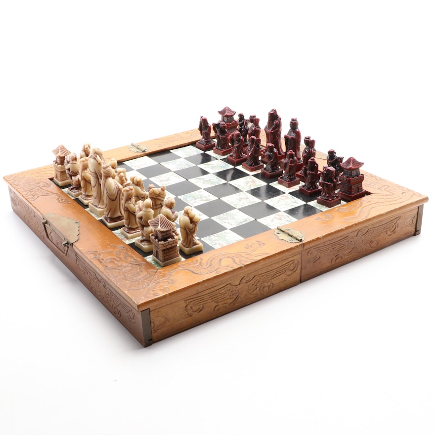 Chinese Dynasty Style Travel Chess Set with Resin Pieces and Wood Game Board