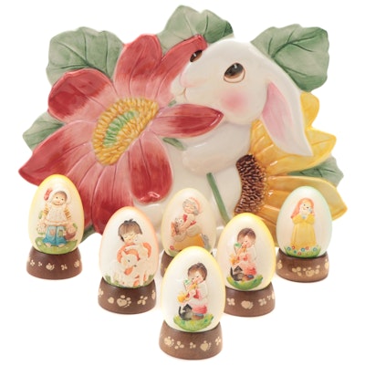 Anri Italian Hand-Painted Wooden Eggs with Fitz and Floyd "Bunny Blooms" Dish