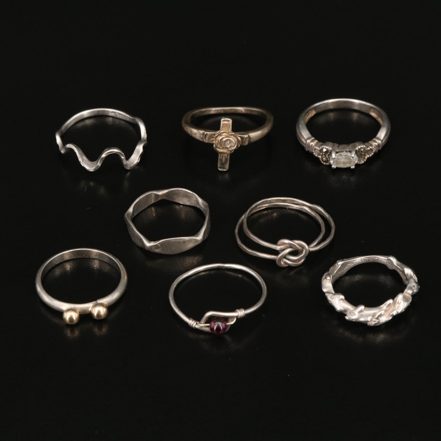 Sterling Rings Including Cross, Dolphin, Wave, Rhodolite Garnet and Marcasite