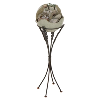 Spherical Cast Concrete Fountain with Metal Stand