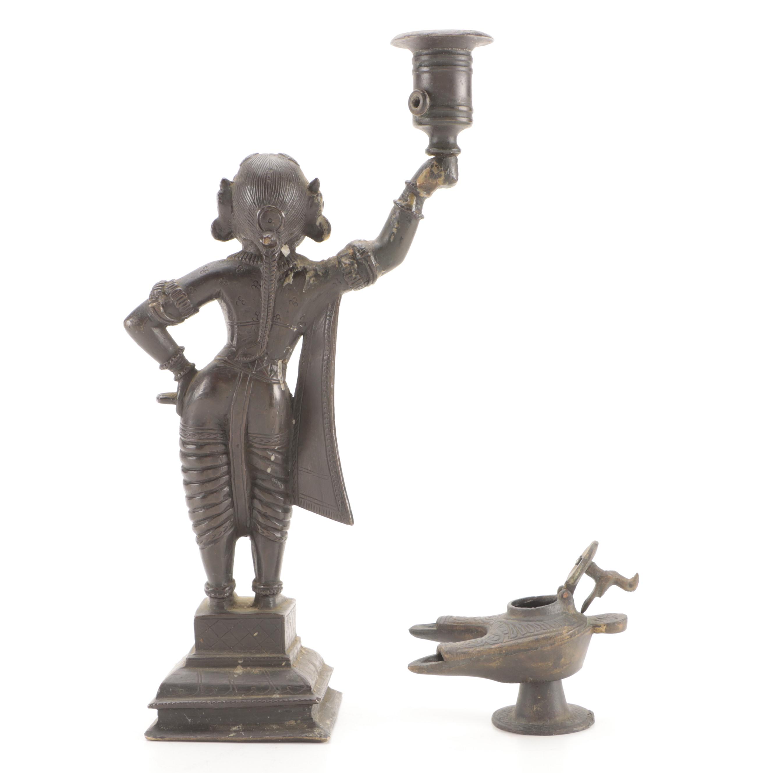 Indian Bronze Figural Candlestick with Bird Topped Double Oil Lamp EBTH