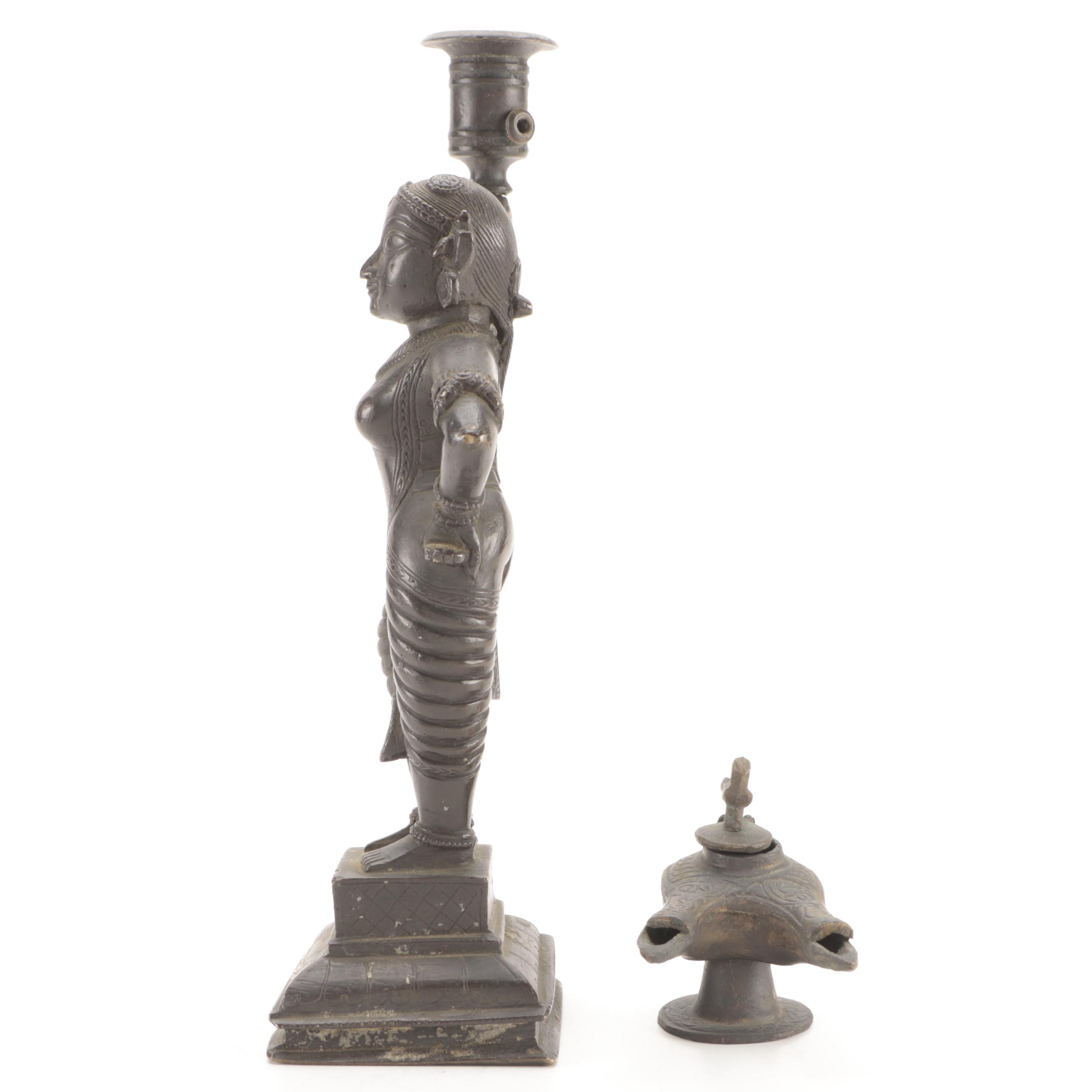 Indian Bronze Figural Candlestick with Bird Topped Double Oil Lamp EBTH