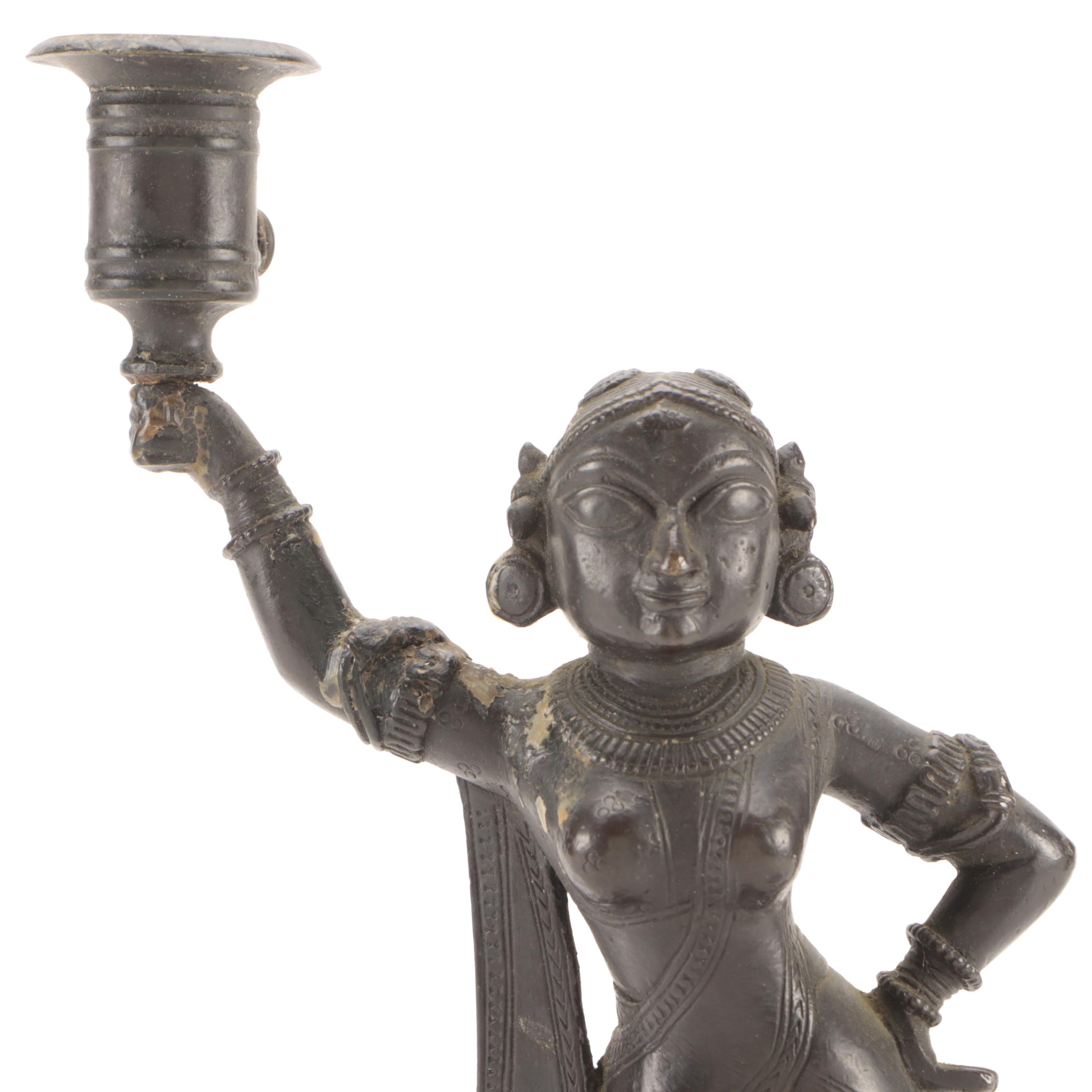 Indian Bronze Figural Candlestick with Bird Topped Double Oil Lamp EBTH