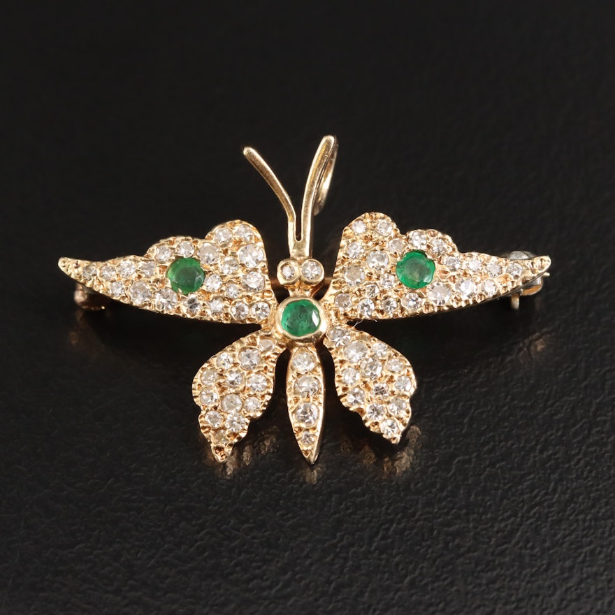 14K Emerald and Diamond Butterfly Converter Brooch