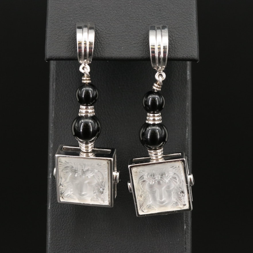 Lalique Sterling Glass, Black Onyx, Resin Enamel Arethuse Drop Earrings