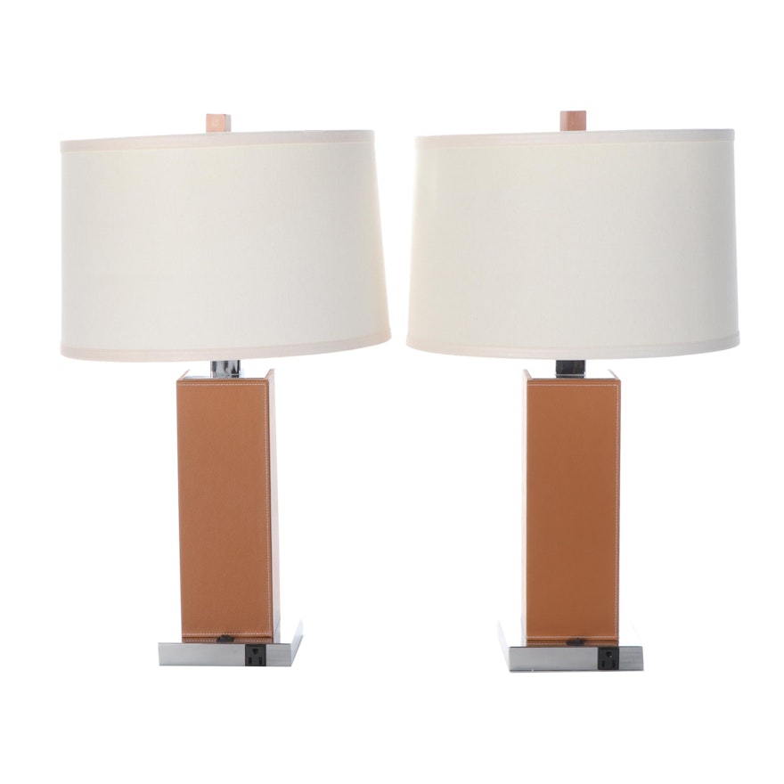 Bonded Leather-Wrapped Square Metal Column Table Lamps with Drum Shades