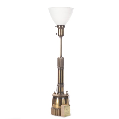 Hollywood Regency Stiffel Brass Torchiere Lamp with Milk Glass Shade, Mid-20th C