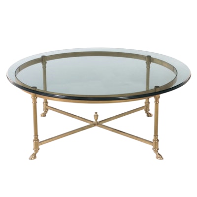 Neoclassical Style Round Brass and Glass Coffee Table with Cloven Feet