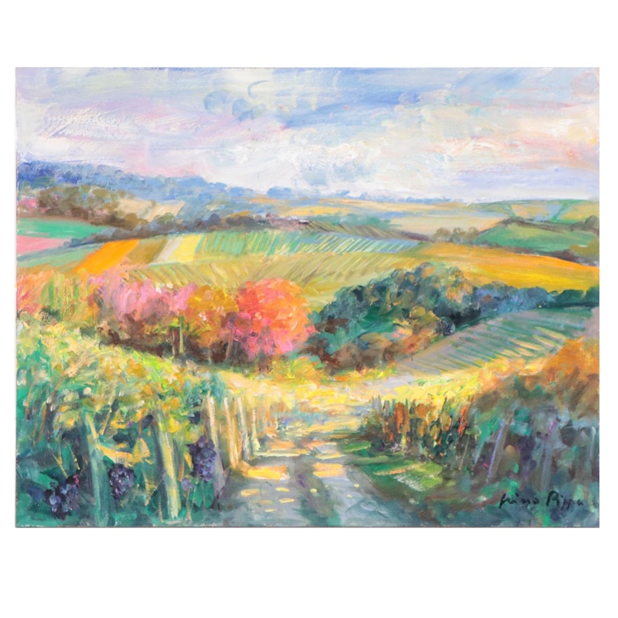 Nino Pippa Oil Painting "Tuscany Landscape with Vineyard and Judas Trees," 2016