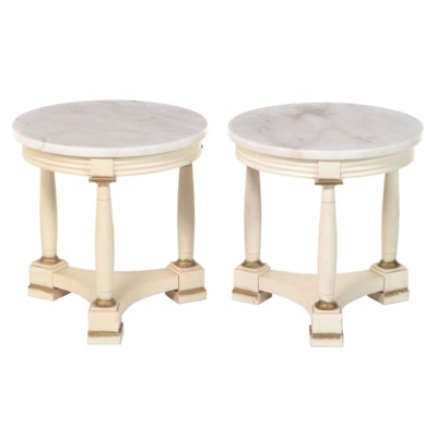 Pair of Empire Style Cream-Painted, Parcel-Gilt, and Marble Top Guéridons