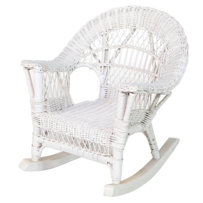 White-Painted Wicker and Rattan Child's Rocker