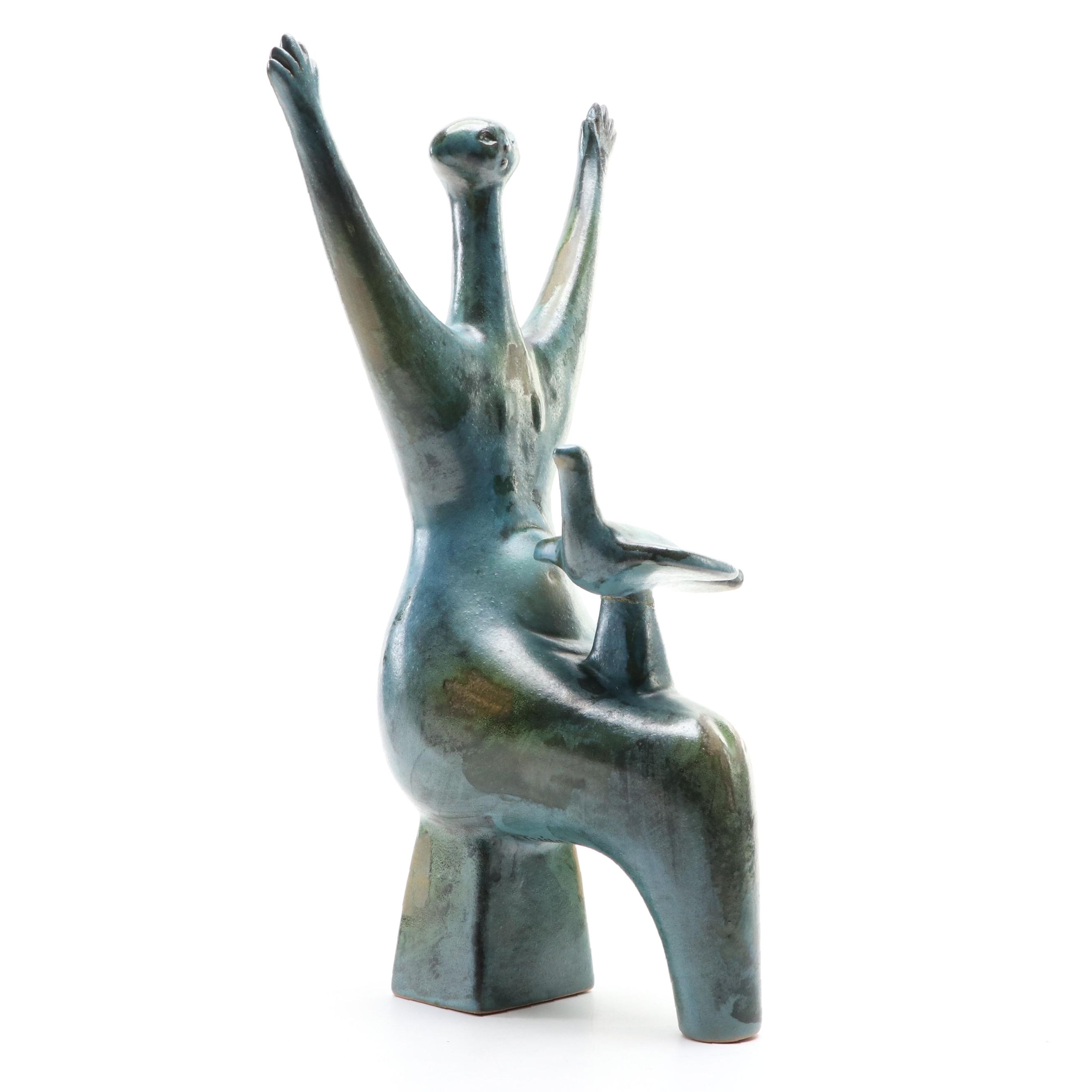 Alvino Bagni Bitossi Abstract Ceramic Sculpture Of Figure And Bird | EBTH