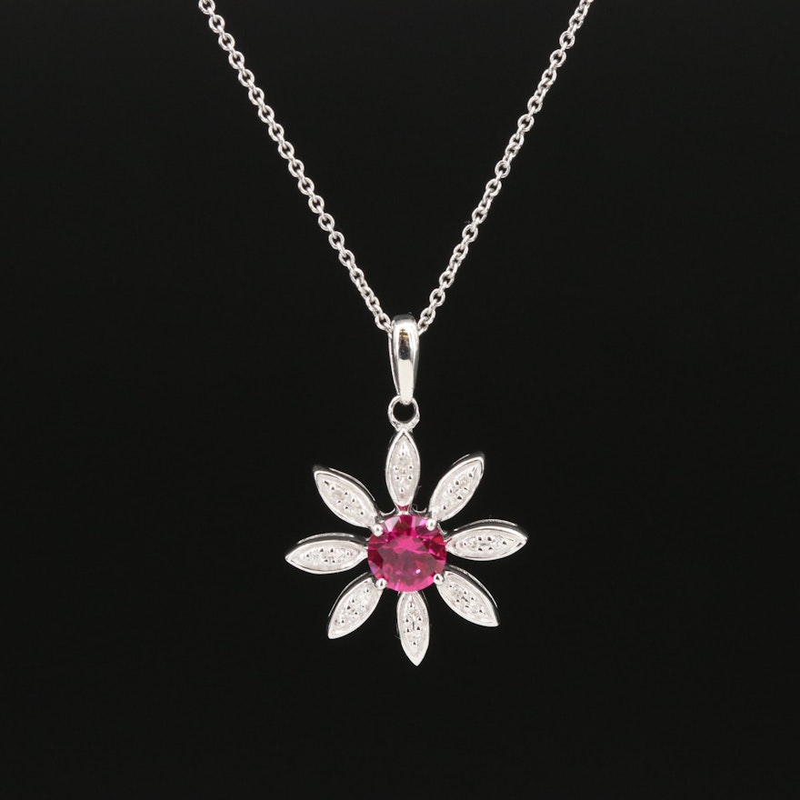 Sterling Ruby and Diamond Flower Pendant Necklace