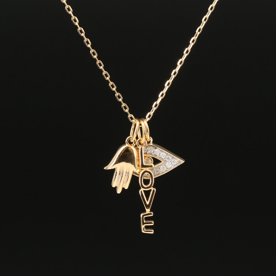 Sterling Diamond Evil Eye, Love and Hamsa Pendant Necklace