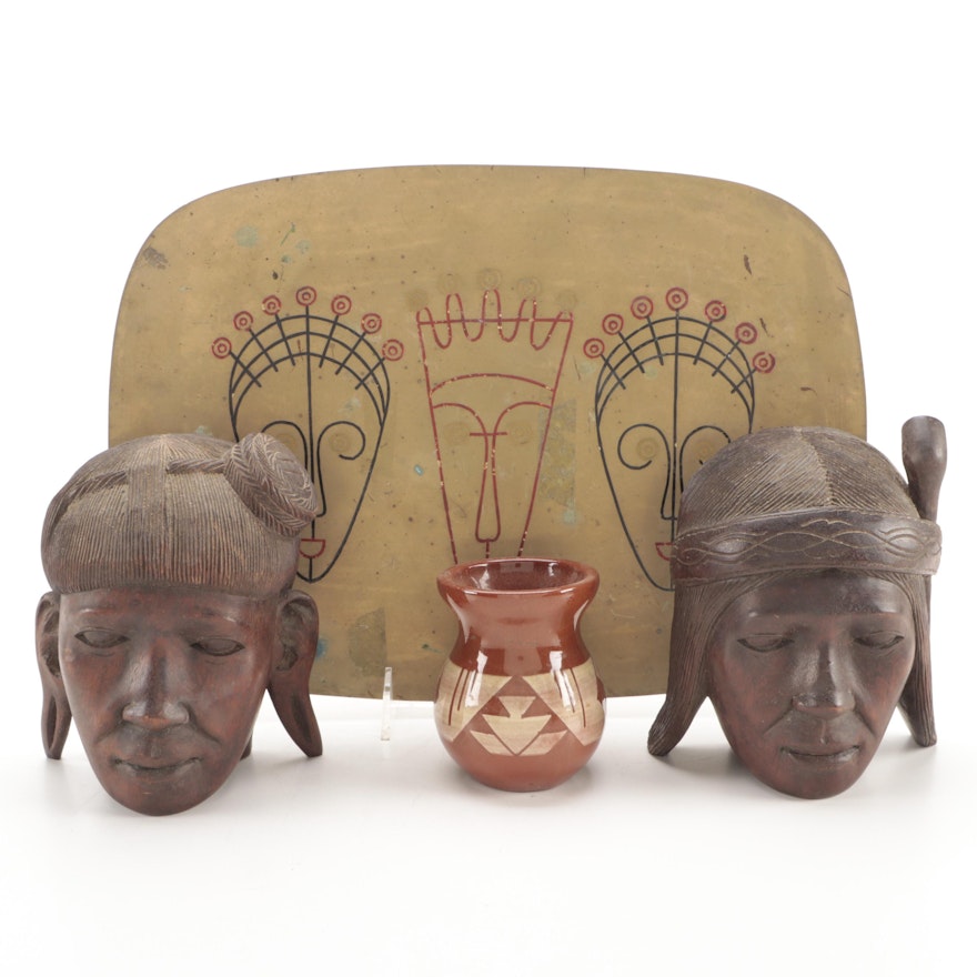 Kate Dismount Sioux Ceramic Vase with African Mask Motif Brass Tray and Others