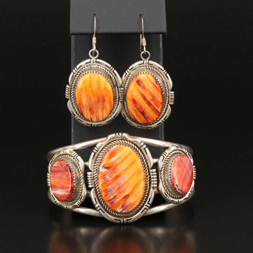 Sterling Spiny Oyster Cuff and Earring Set