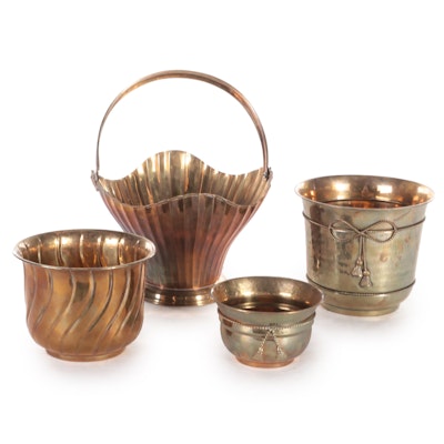 Brass Kindling Basket and Brass and Metal Jardiniere Planters