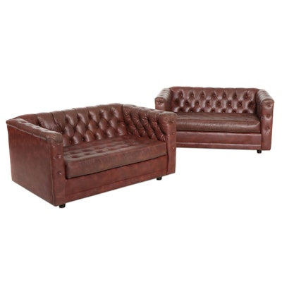 Pair of Classic Gallery Inc. Tufted Vinyl Chesterfield-Style Loveseats