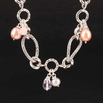 Michael Dawkins Sterling Pearl, Amethyst and Rose Quartz Necklace