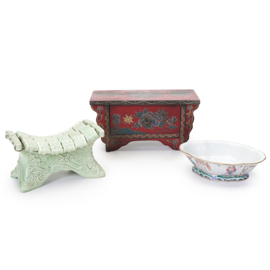 Miniature Hand-Painted Chest, Porcelain Opium Pillow, and Footed Bowl