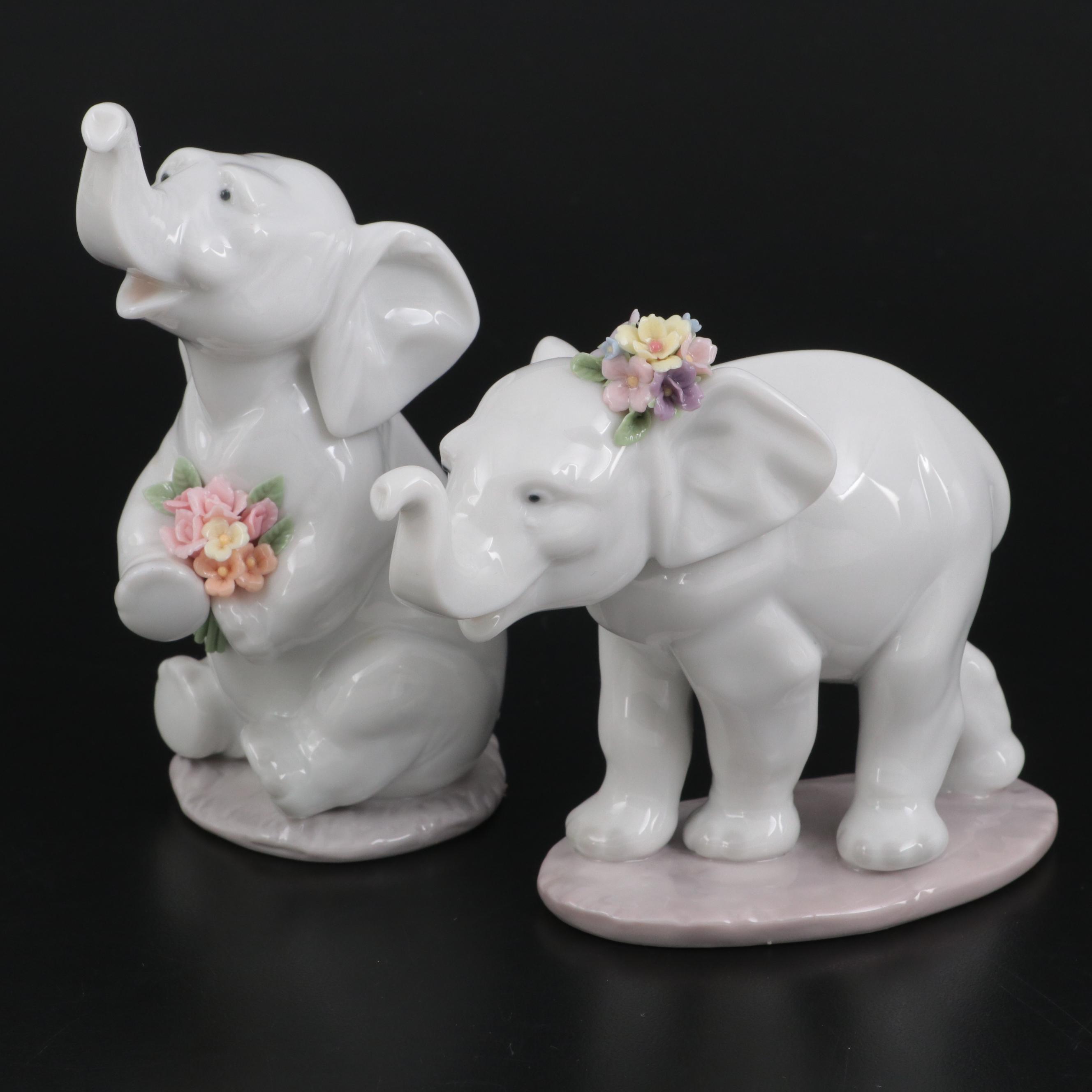 Pair of Lladró Porcelain Elephant Figurines, Late 20th to Early 21st