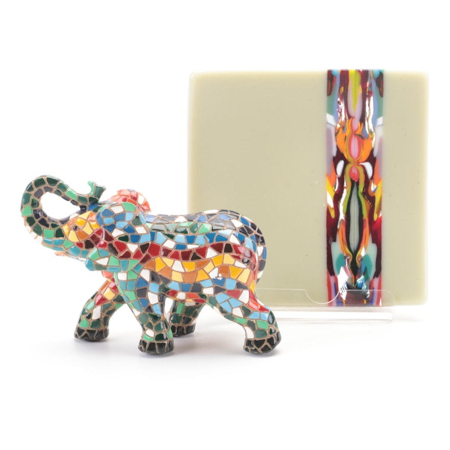 Artisan Signed Glass Dish with Mosaic Glass Elephant Figurine